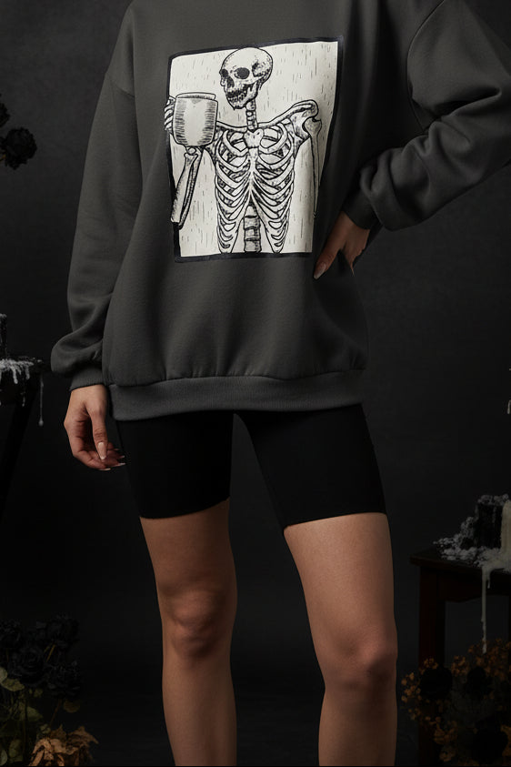 Skeleton Coffee Lover Fleece Sweatshirt — Spooky Cozy Vibes