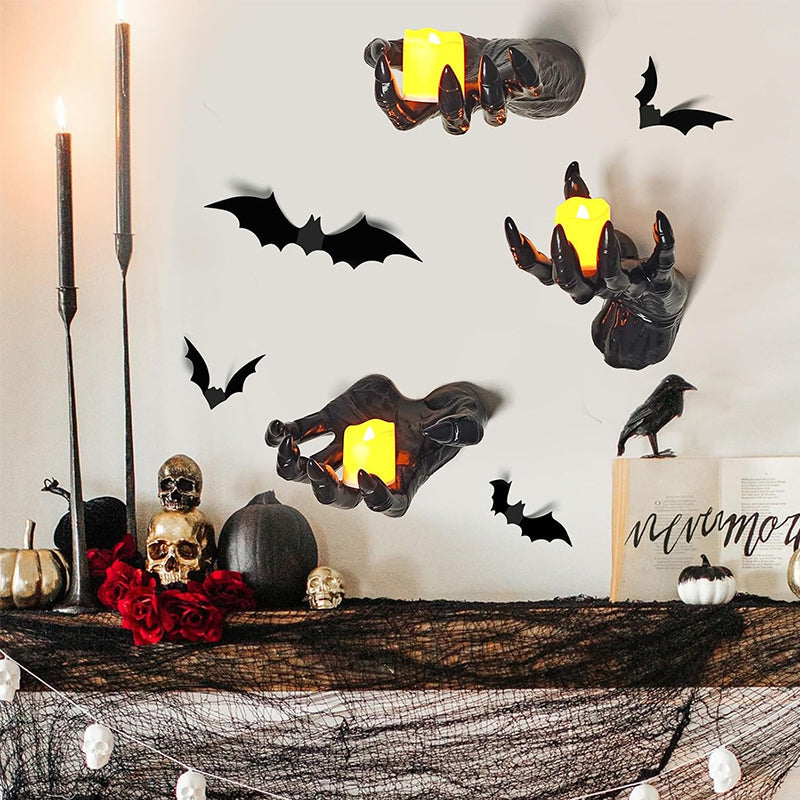 Gothic Halloween Wall Decor — Spooky Hands, Candles & Bat Stickers (12-Pack Kit)