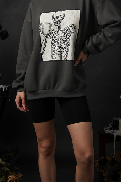 Skeleton Coffee Lover Fleece Sweatshirt — Spooky Cozy Vibes