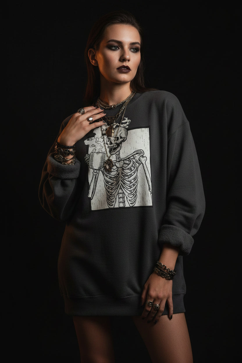 Skeleton Coffee Lover Fleece Sweatshirt — Spooky Cozy Vibes