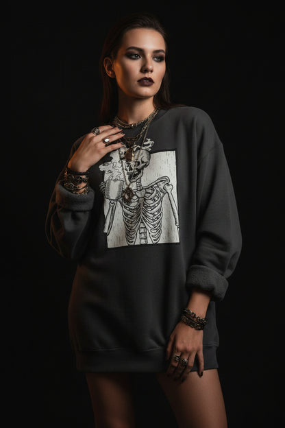 Skeleton Coffee Lover Fleece Sweatshirt — Spooky Cozy Vibes
