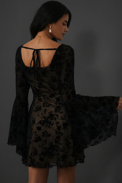 Gothic Blossom Bell Sleeve Dress — Dark Floral Alt Fashion
