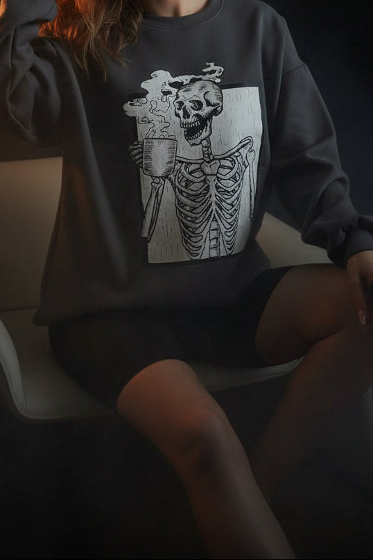 Skeleton Coffee Lover Fleece Sweatshirt — Spooky Cozy Vibes