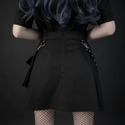 Gothic Punk High Waist Mini Skirt – Chain Straps & Utility Pockets